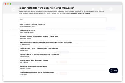 Screenshot of the importing metadata from a peer reviewed manuscript feature.