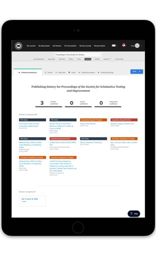 Scholastica open access publishing dashboard on a tablet device.