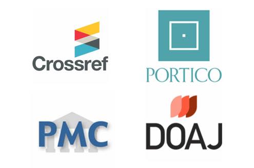 Scholastica integration logos. DOAJ, Crossref, Portico, and PMC