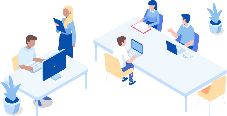 Illustration of people working at a desk.